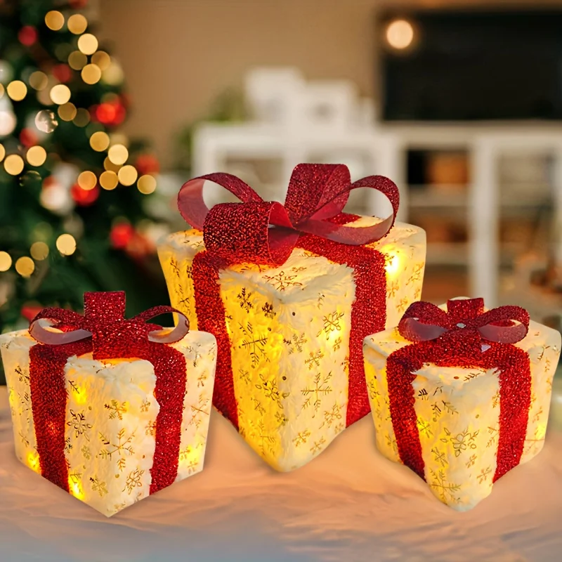 3Pcs/Set PVC Christmas Gift Box Set Luminous Folding Christmas Lighting Box with Bow Ribbon Christmas Glowing Decoration Outdoor