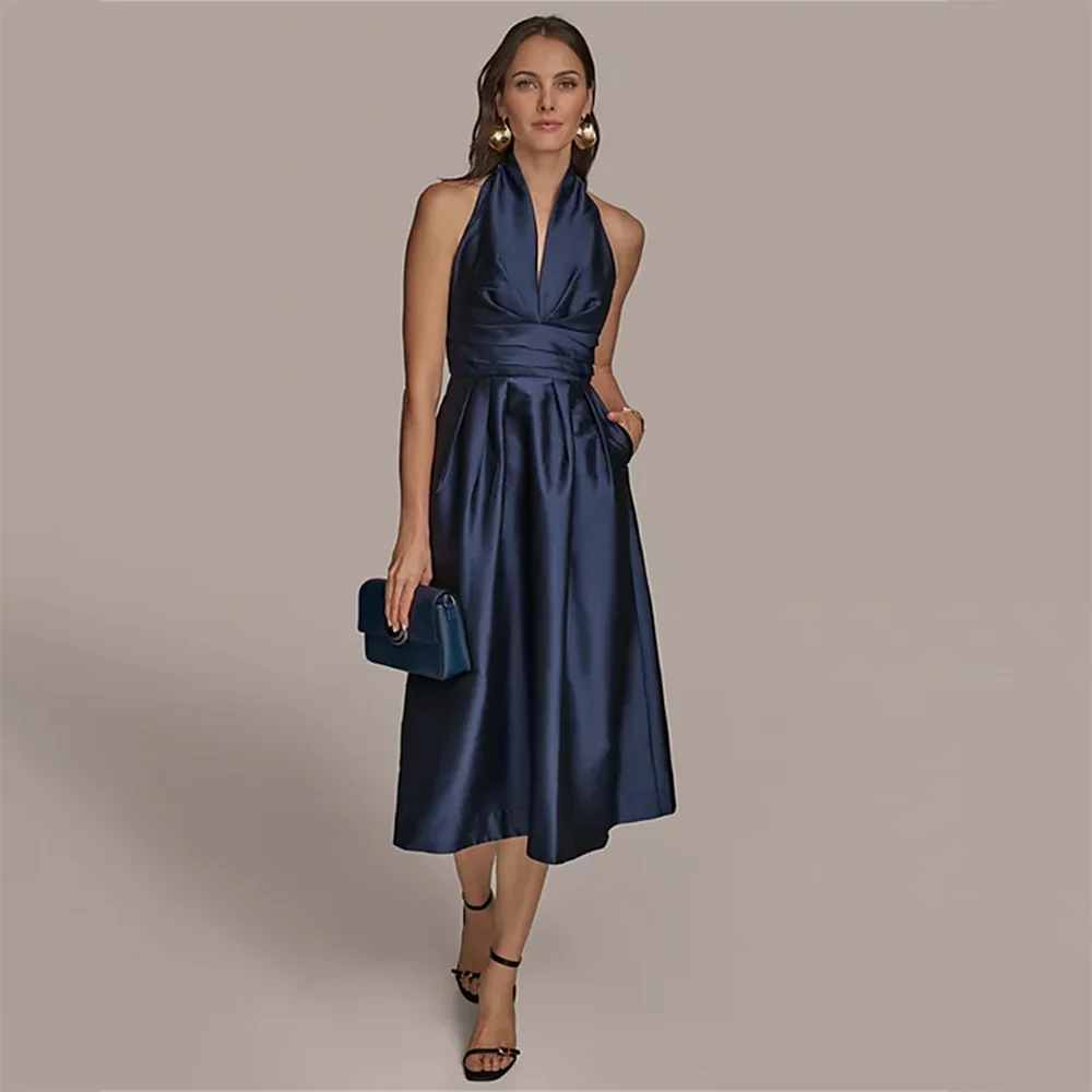 

Элегантное вечернее платье с лямкой на шее без рукавов, плиссированные платья трапециевидной формы для выпускного вечера, вечернее платье для коктейля, банкета, свадьбы, гостя по индивидуальному заказу