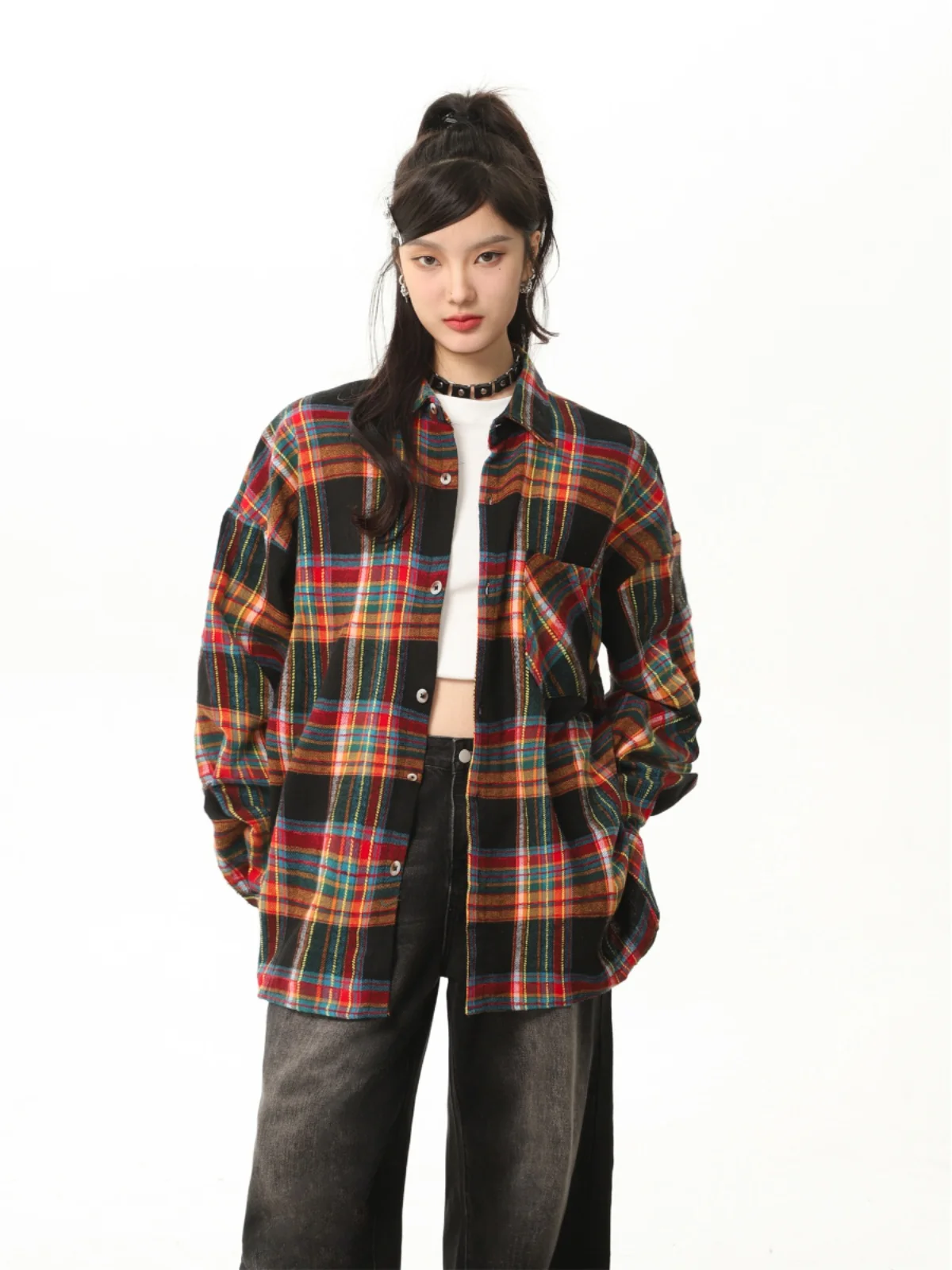 Shirts Women Plaid Long Sleeve Outerwear Trendy Autumn High Street American Retro Niche Design Aesthetic Single Breasted Tops