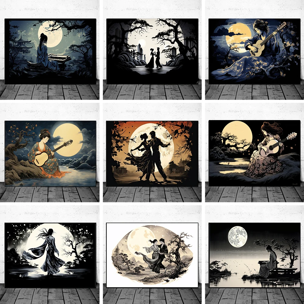 

Ink Ancient Style Classical Hanfu Fairy Music Dance Night Landscape Moon Art Canvas Painting Wall Posters Prints Room Home Decor