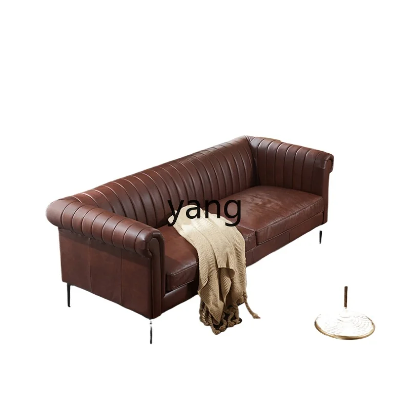 

L'm'm Full Leather Sofa First Layer Cowhide Three-Seat American Light Luxury Classic Retro Oil Wax Leather