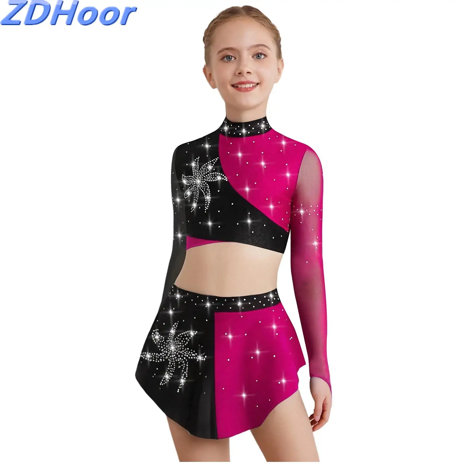 

Kids Girls Color Block Dance Sets Sheer Mesh Long Sleeves Keyhole Back Lyrical Shiny Rhinestones Crop Top with Skirt