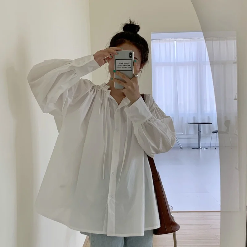 เสื้อเชิ้ตแขนทรงโคมไฟทรงหลวมผูกเชือกผูกเชือกคอกลมเรียบง่ายสไตล์เกาหลี