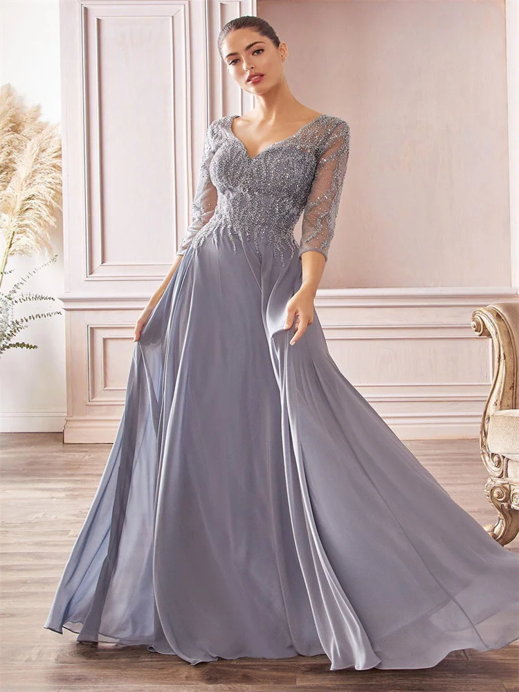 Classic Timeless Beaded Long A-Line Chiffon Dress 2024 V Neck Body 3/4 Sleeves Trim Decoration Open Back Plus Size Wedding Guest