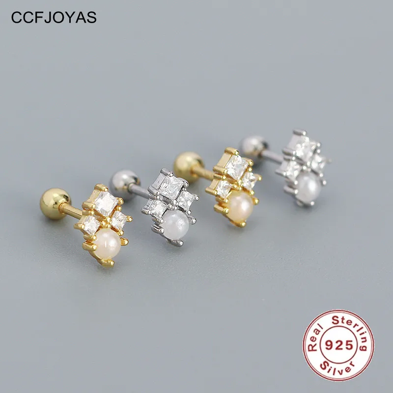 

CCFJOYAS 925 Sterling Silver Cute Mini Pearl Crystal Screw Stud Earrings for Girl Simple ins S925 Silver Earrings Fine Jewelry