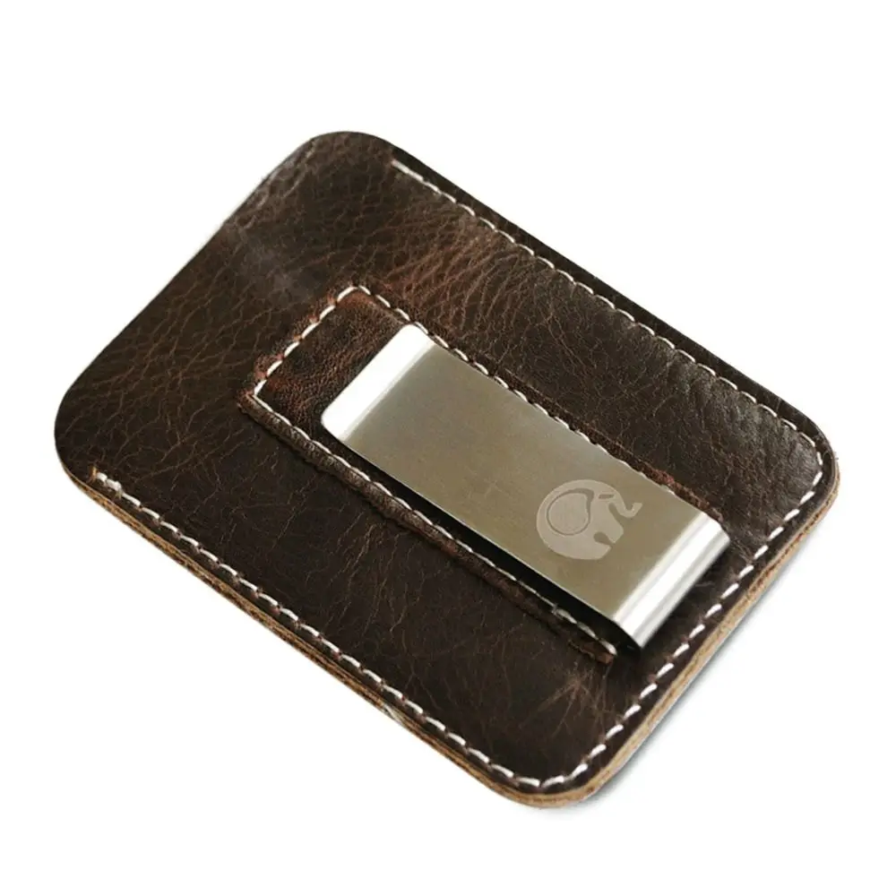 Fashion Leather Genuine Leather Money Clip Thin Slim Bills Men Credit Card Slot Metal Cash Clamp Mini Wallet Man