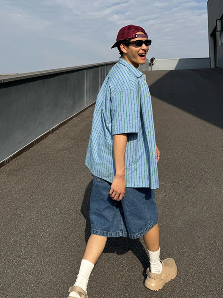 Deep Blue Men's Loose Fit Straight Leg Jeans ort Pants American High Street Sle Summer Faion Youth Trend Five-Quarter L...