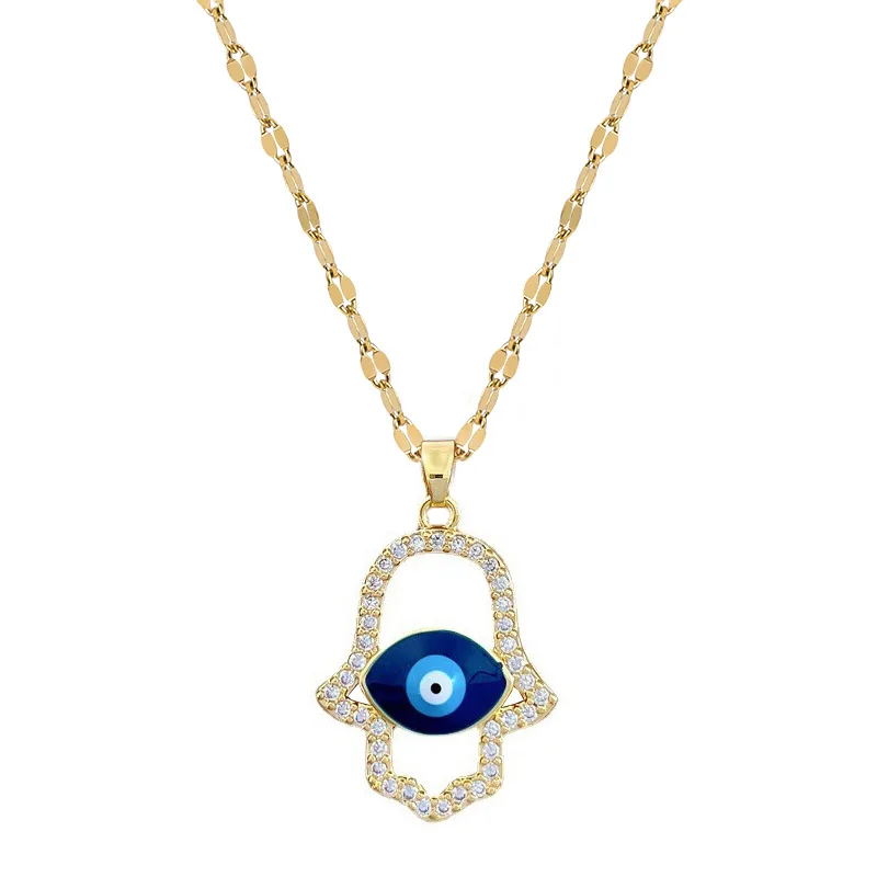 Stainless Steel Turkish Eye Fatima Hand Necklace For Women Zircon Bule Evil Eye Pendant Chain Choker Goth Christmas Jewelry Gift