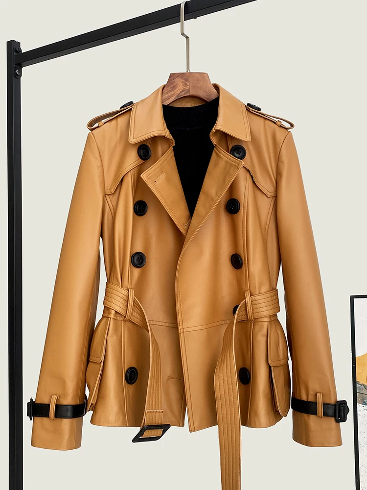 2025 Autunno Genuino Giacca di pelle di pecora in pelle Moda donna Cappotto in pelle doppio petto casual legato in vita Arancione Taglie forti