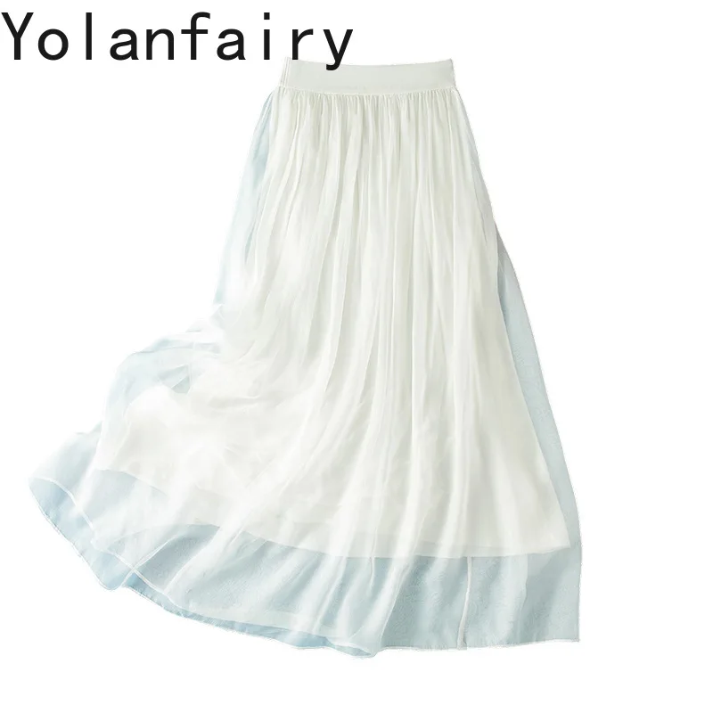 

Юбки YOLANFAIRY из 100% натурального шелка тутового шелкопряда для женщин, летняя белая юбка с высокой талией, элегантная женская одежда, модная плиссированная юбка