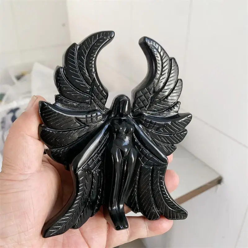 Natural Black Obsidian Seraph Carving Head Decorate Handcrafts Healing Crystal Powerful Animal Reiki 1PCS