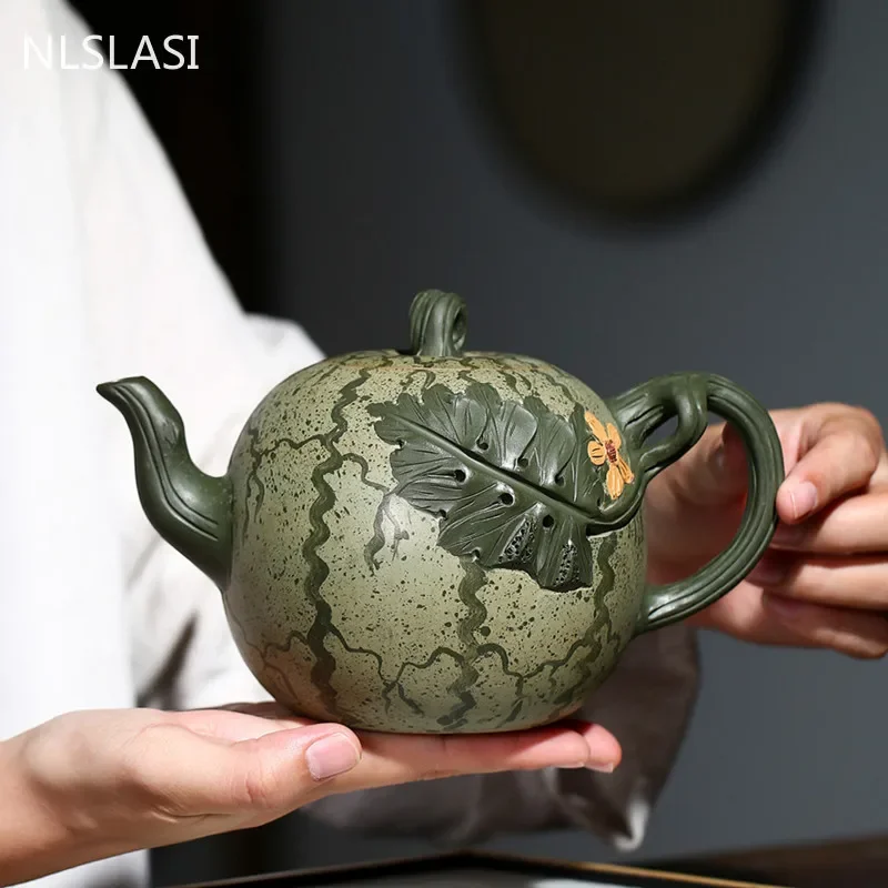 

Chinese Yixing Boutique Tea Pot Simulation Watermelon Model Purple Clay Teapot Kettle Tea Ceremony Handmade Customized 700ml