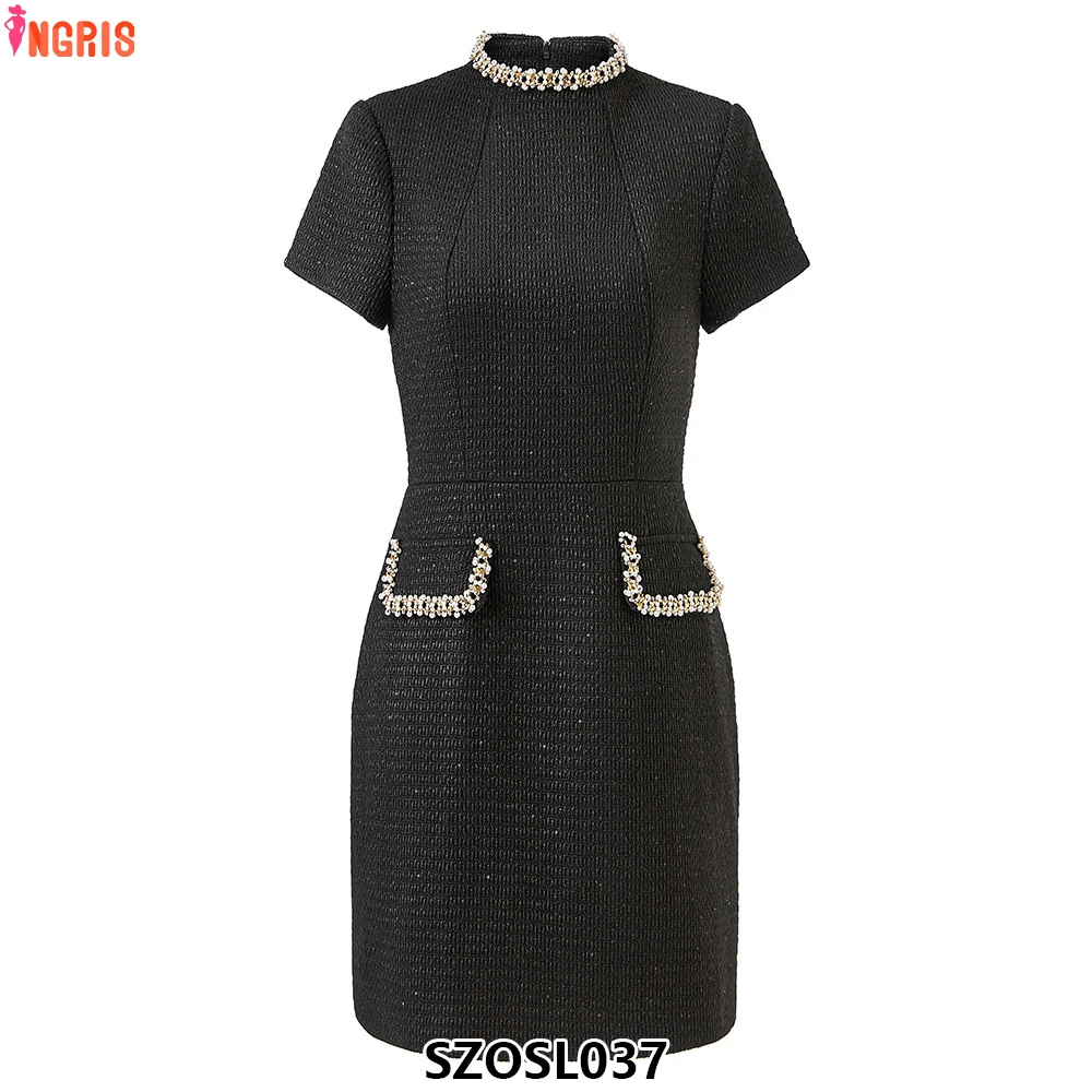 

Elegant floral A-line skirt solid color slim short-sleeved dress retro round neck stitching luxury evening dress-SZOSL037