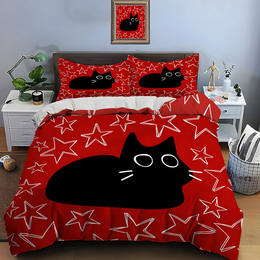Black cat red background stars Pattern Duvet Cover Set Digital Print Polyester Bedding with Zipper Closur for kids gifts