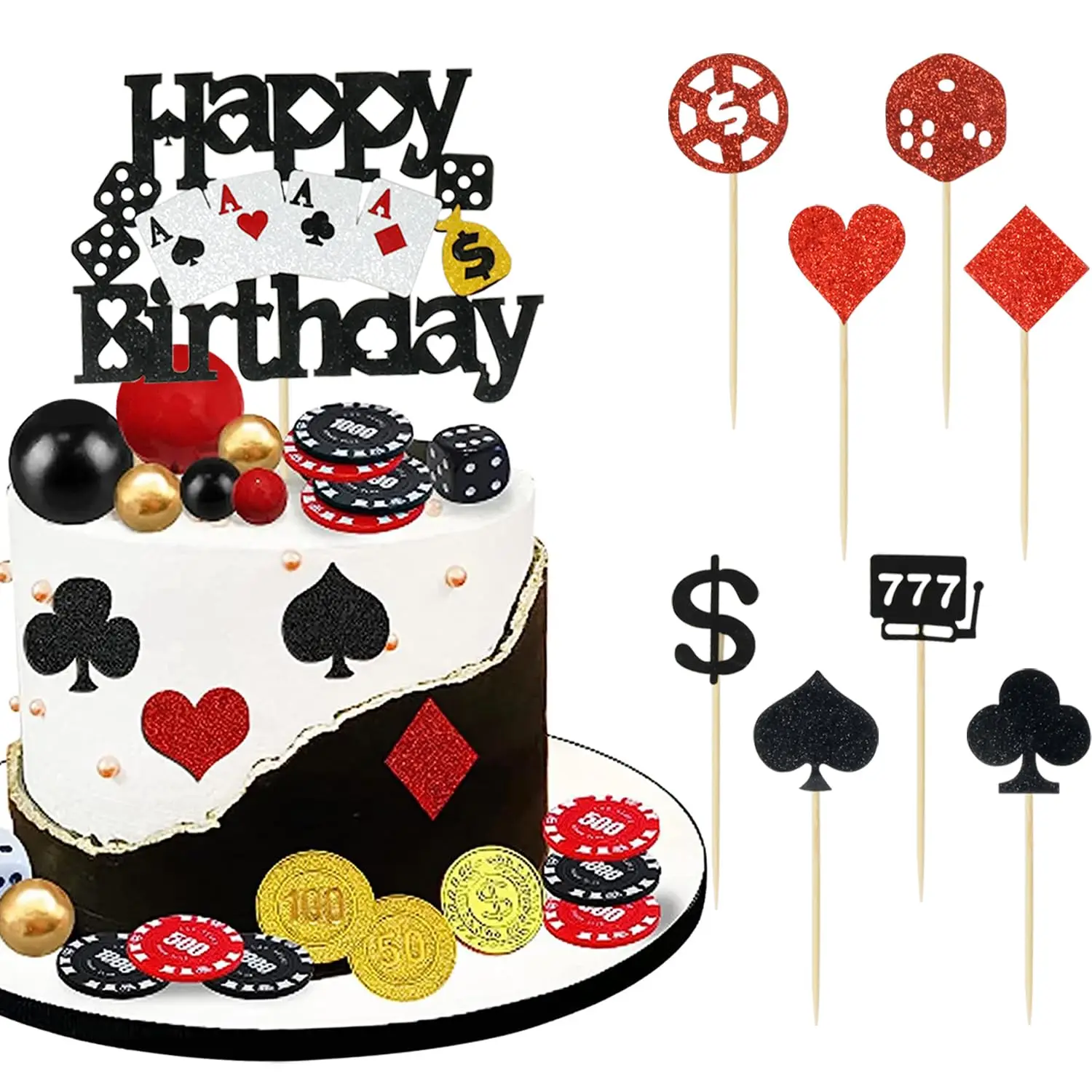 

9 pcs Casino Happy Birthday Cake Toppers Casino Poker Dice Cake Decoration Cupcake Toppers Las Vegas Themed Birthday Party Decor