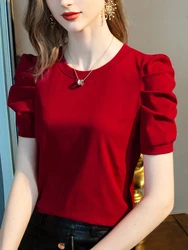2025 Summer Women's Black Cotton T-Shirt French Bubble Sleeve Solid Color Casual Chic O-Neck Top New Design Basic Tee