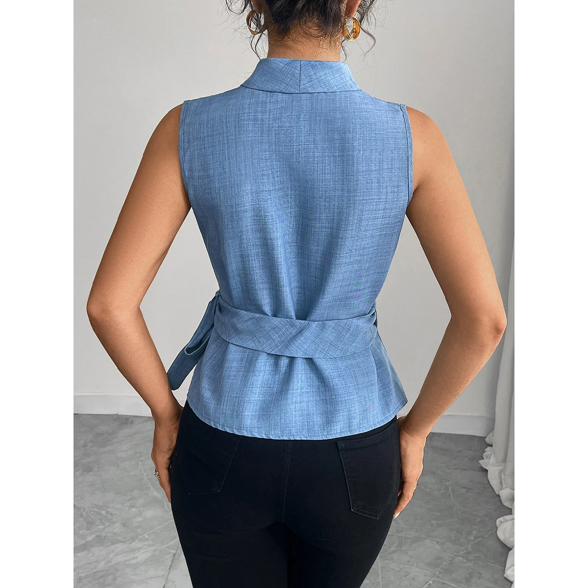 Elegant Pure Color Belted Sleeveless Vest Women's Fashion Cross-Border Summer Top Commute Style Business Casual Daily Wear