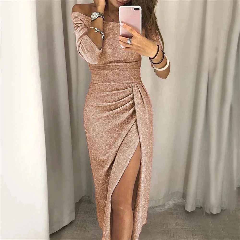 Simple Solid Homecoming Dress Lady Off Shoulder Party Prom Dresses Autumn Winter High Waist Long Dress Elegant Party Gowns