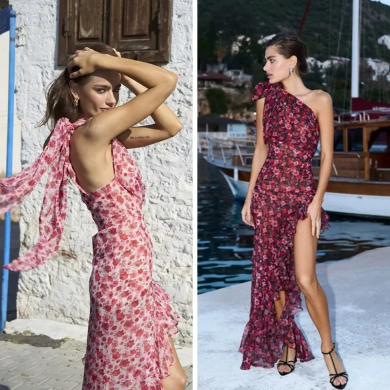 Colletto asimmetrico abito con orlo irregolare con volant stampa floreale abiti aderenti in Chiffon con spacco alto abito da spiaggia per Resort estivo di moda