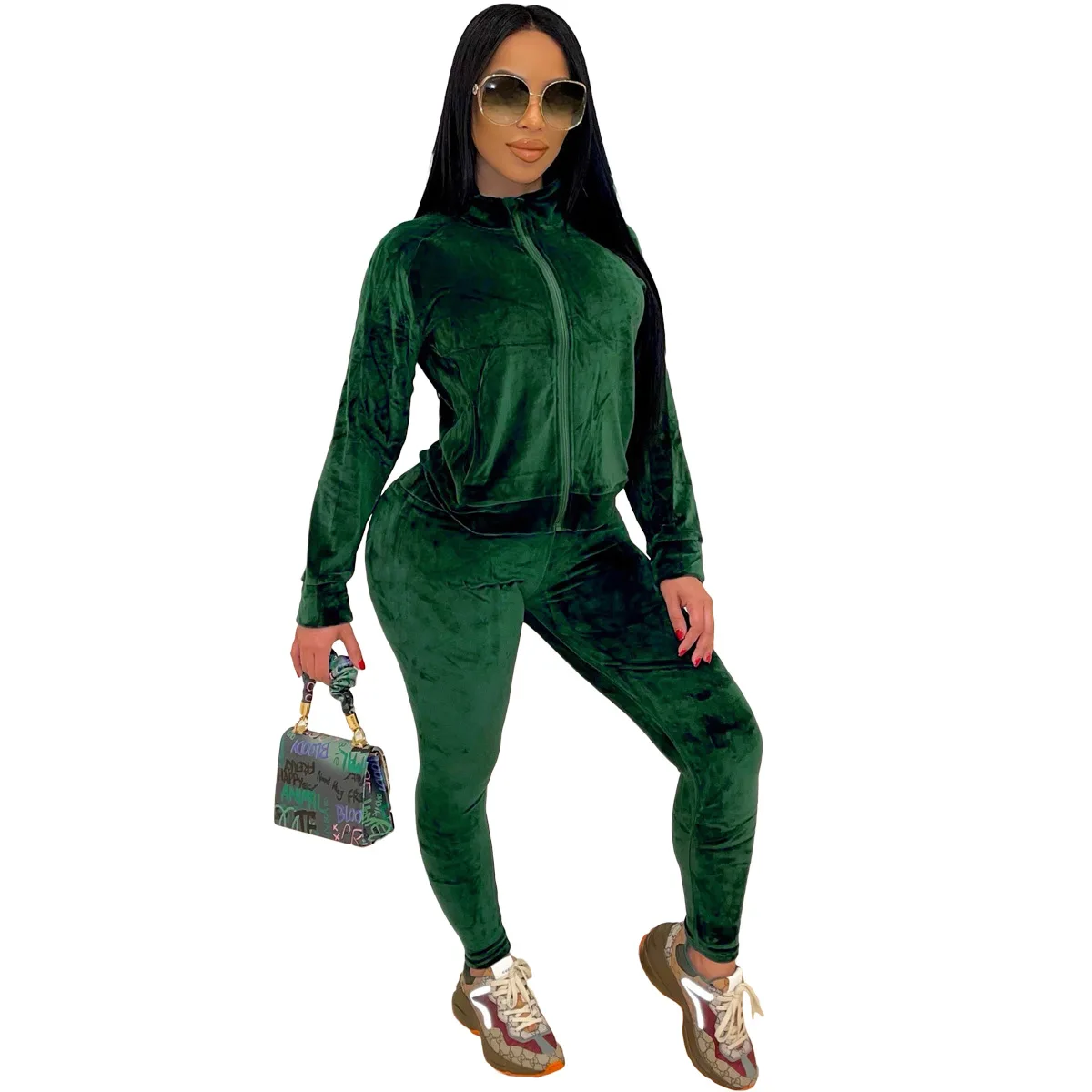 Fashion new arrivals velvet fabric long sleeve zipper blank ladies custom velour tracksuit 2 piece jogger set women