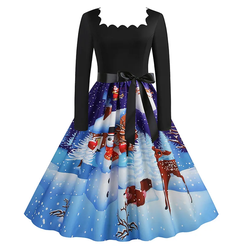 فستان نسائي عتيق لعيد الميلاد بياقة مربعة وأكمام طويلة مطبوع أنيق للحفلات المسائية وعيد الميلاد فستان صيفي متوسط الطول لخريف وشتاء