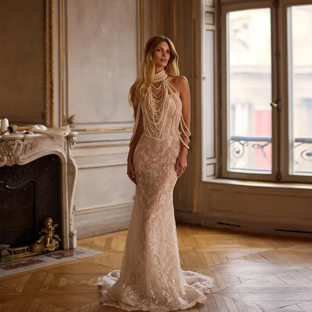 

Customized Luxury Pearls Weding Dress Halter Corset Mermaid Sweep Train Ivory Lace Bridal Evening Gown vestido femininos