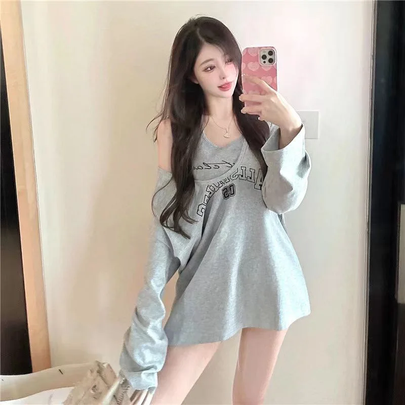 Spring Autumn Sexy Vneck Sweatshirt Halter Letter Print Loose 2 Piece Aesthetic Hoodie Women Retro Fashion Casual Y2k Streetwear