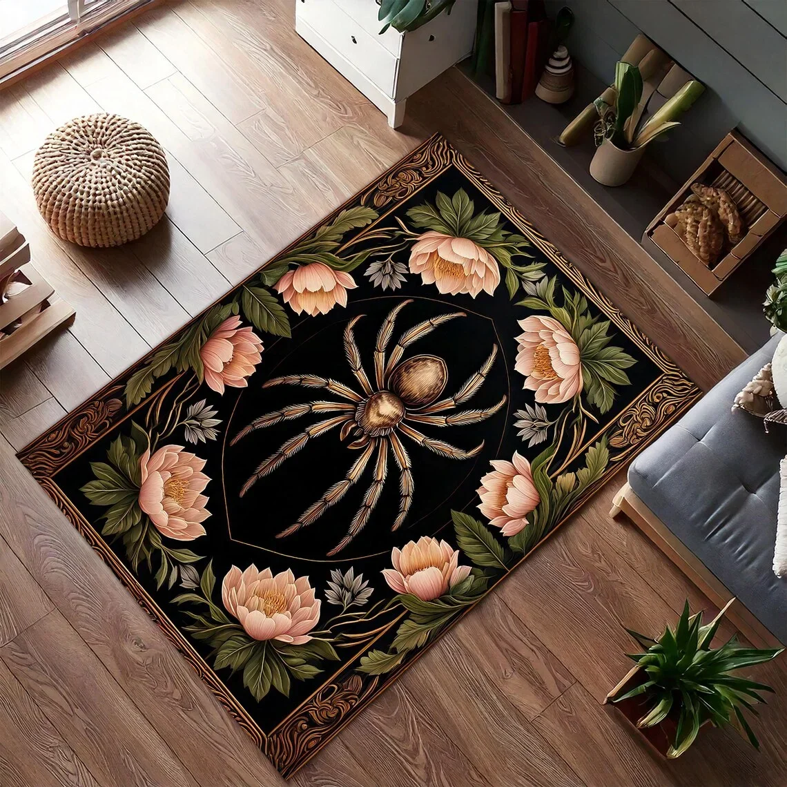 Gothic Spider Art Deco Rug, Mysterious Leave Pattern Area Carpet, Dark Aesthetic Floor Mat, Occult-Inspired Home Decor Rug