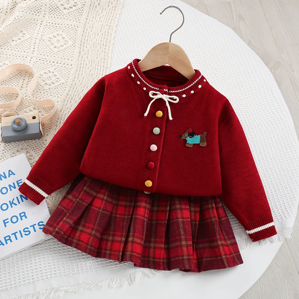 Children\'s sweater set girls autumn winter knitted cardigan long-sleeved jacket + checkered pleated skirt set 1-6 years