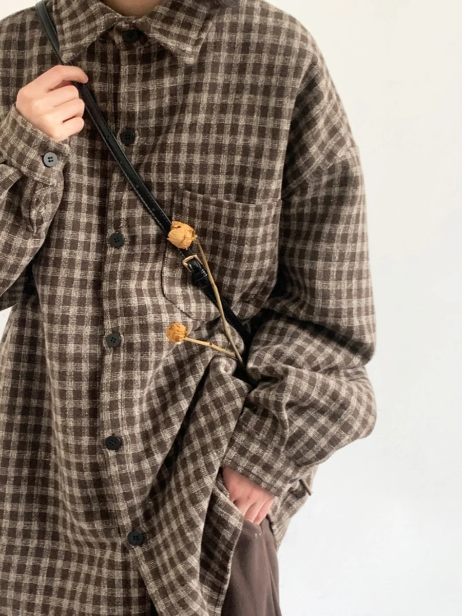 Retro Japanese Style Men's Long Sleeve Fleece Lined Shirt  Style Thin Plaid Workwear Shirt Trendy Autumn Spring Shirt