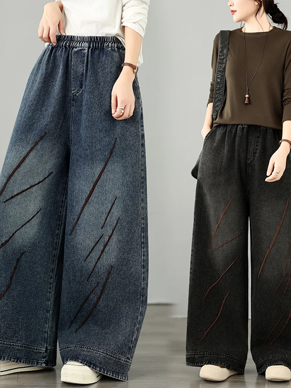 High-End Women's Soft Denim Retro Embroidered Elastic Waist Casual Wide Leg Pants Autumn Collection Versatile Straight Cut Jeans