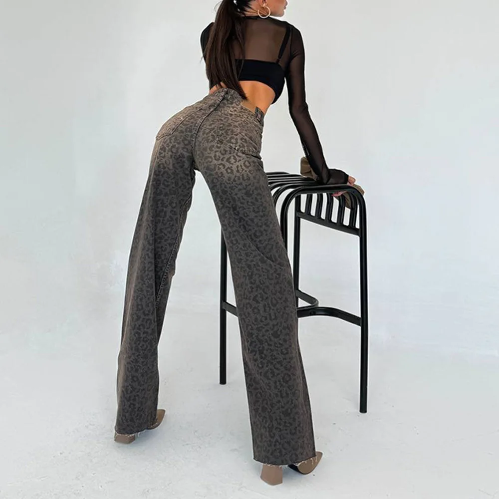 Spring Leopard Embossed Straight Washed Jeans Women's