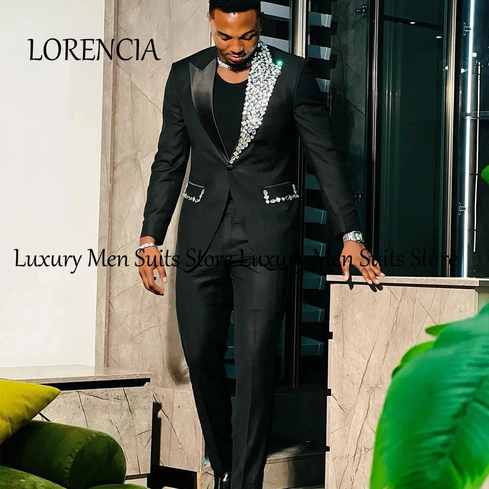 

Luxury Rhinestone Male Suits 2 Pieces Peak Label Wedding Party Groom Tuxedo Customized Blazer Pants costumes homme Men Clothing