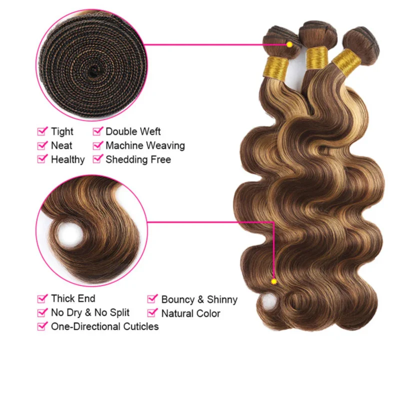 Body Wave Highlight #P4/27 Human Hair Bundles Brazilian Virgin Extensions Human Hair Weave 3 Bundle Hair Extension 16-30 Inches