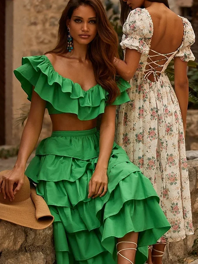 2023 Vintage Off Shoulder Ruffle Solid Color Green Bikini Holiday Beach Skirt Designer Bathing Suit Women