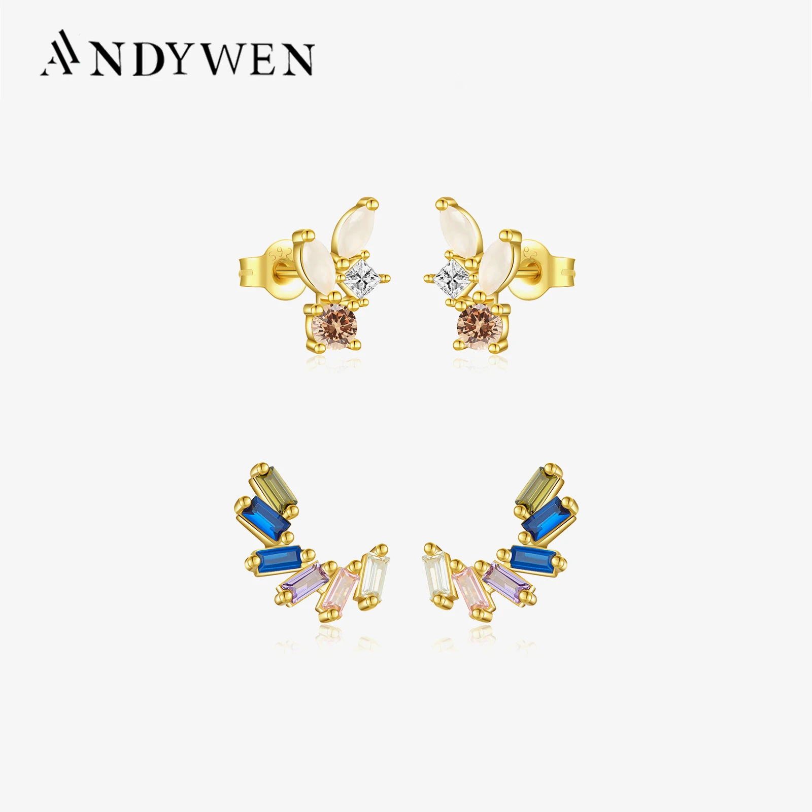 

ANDYWEN 925 Sterling Silver Gold Rainbow Zircon CZ Stud Earring Clips Piercing Pendientes New 2021 Women Long Fine Jewelry