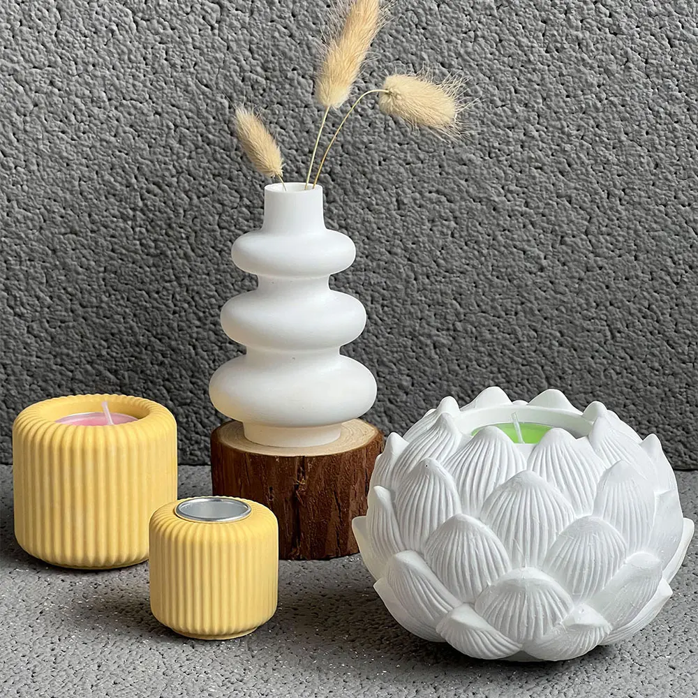Vintage Lotus Candlestick Plaster Mold Table Decor Tealight Holder Concrete Tray Mould Lotus Bowl Incense Burner Silicone Molds