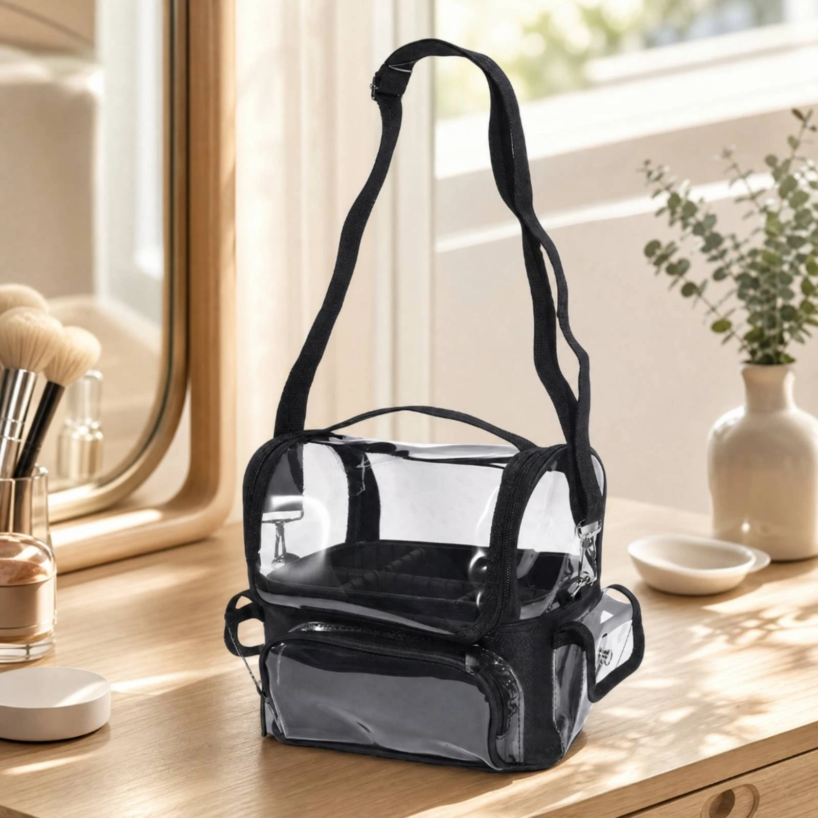 Clear PVC Cosmetic Organizer Multi-Compartment Zippered Toiletry Organizer with Carry Handle Transparent Cosmetic Travel Case