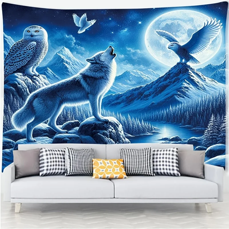 Wolf Howling At Moon Wall Mural Snowy Mountain Landscape Owl Art Winter Nature Decor For Living Room And Bedroom Interior Design