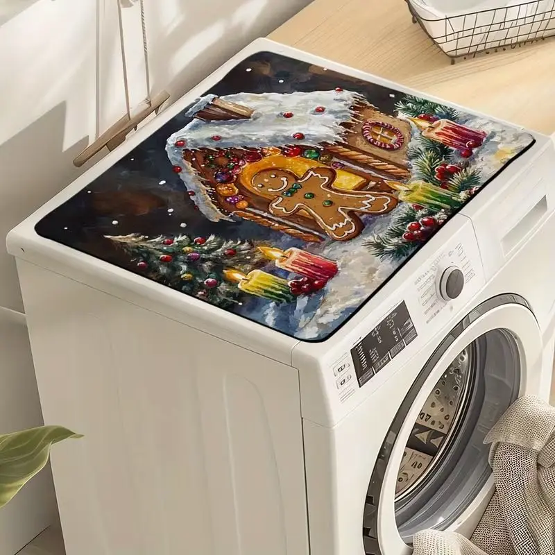 VIKAMA Merry Christmas Gingerbread House Oil Painting Washing Machine Cover Mat Waterproof Dustproof Washer Dryer Pad Home Decor