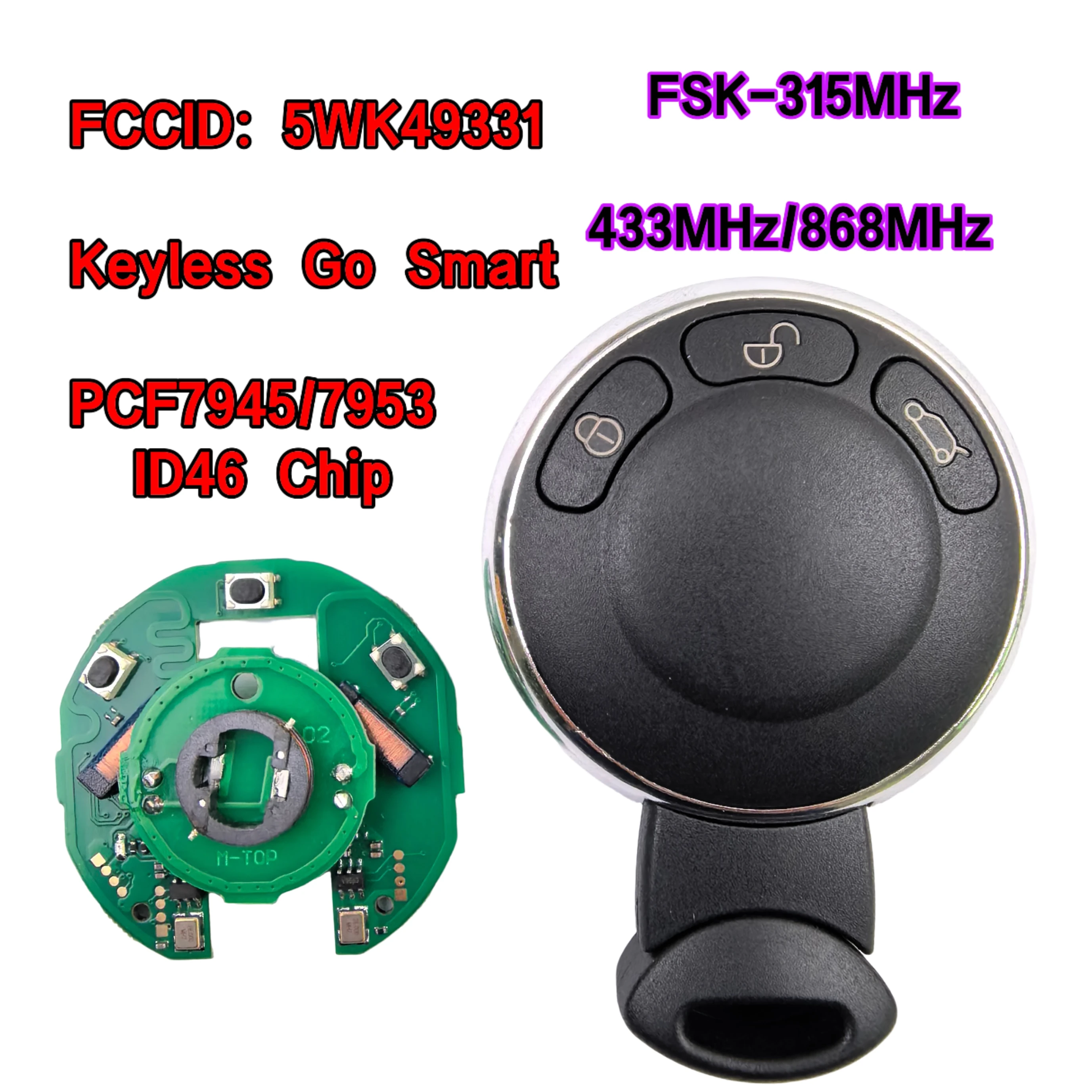 FCCID: 5WK49331 ID46 PCF7945/7953 Chip 315/433/868MHz Keyless Smart Car Key/PCB Board For Mini Cooper Cabrio Clubman Countryman