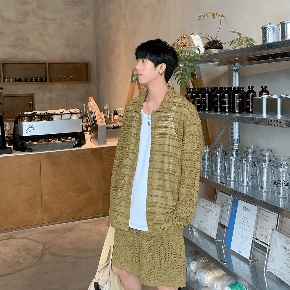 

Men's Summer Thin Hollow out Knitted irt Jaet Casual orts Set Vaion Sle Tee Dimensional Textured Sensation