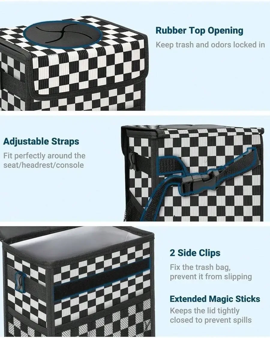 

Car Trash Can With Lid Leakproof Hanging Waterproof Automotive Garbage Bin With Storage Pockets