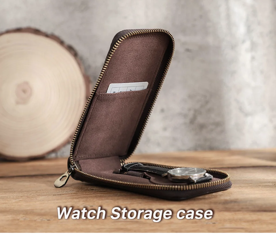 CONTACT'S FAMILY Vintage-Uhrentasche aus echtem Leder, handgefertigt, tragbarer Reise-Organizer aus Leder mit Kartensteckplatz und Reißverschluss – Detail 1