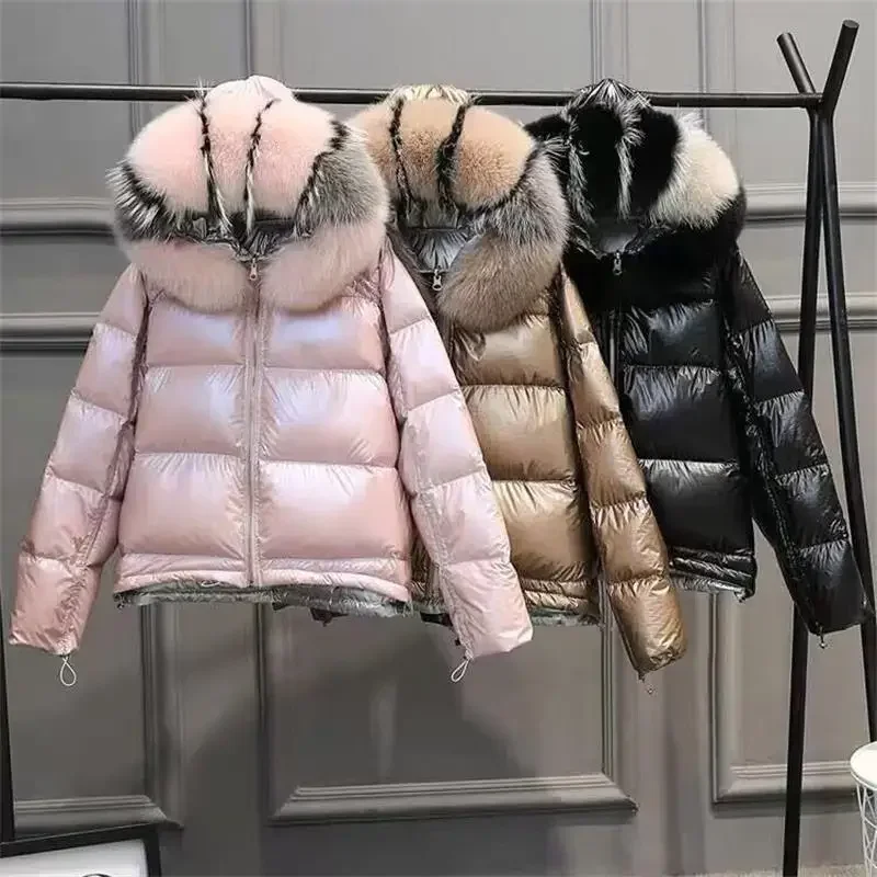 Parkas de piel auténtica para mujer, chaqueta con cuello de piel de zorro Natural, abrigo corto suelto de plumón de pato blanco, abrigo grueso y