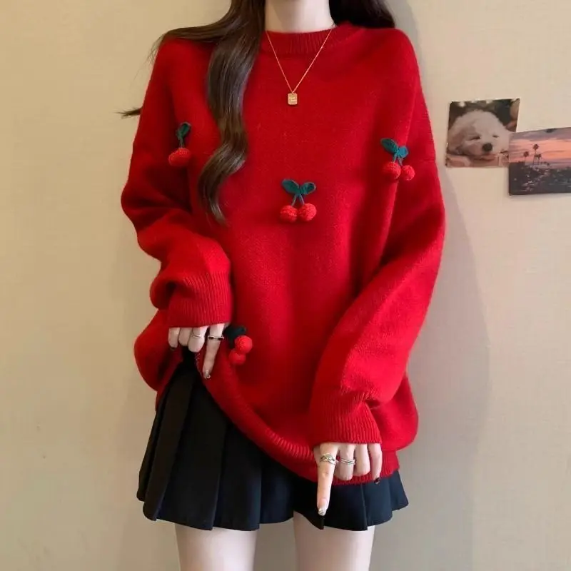 

Hot Christmas Red Cherry Sweater for Women in Autumn and Winter 2025 Large Super Beautiful Top Long Sleeve Trendy