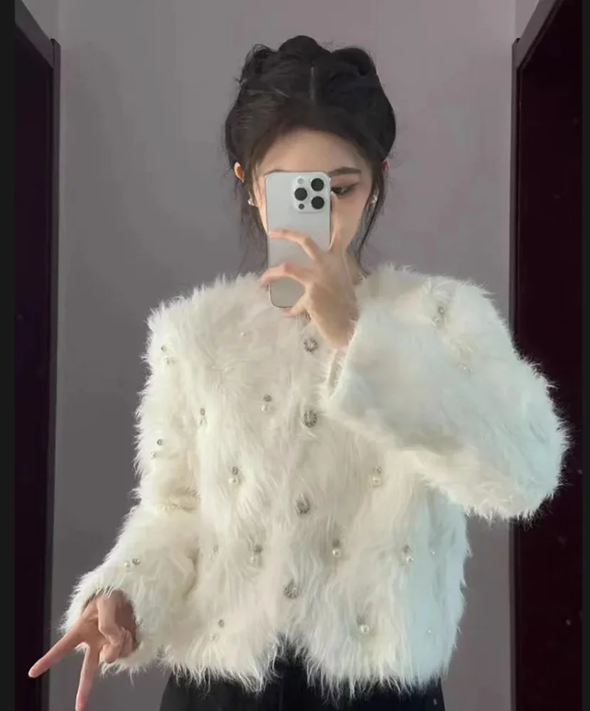 

Luxurious Beaded Imitation Mink Fleece Cardigan Autumn Winter Female Elegant V-neck Knitwear Sweater Women Short Jacket New 2025