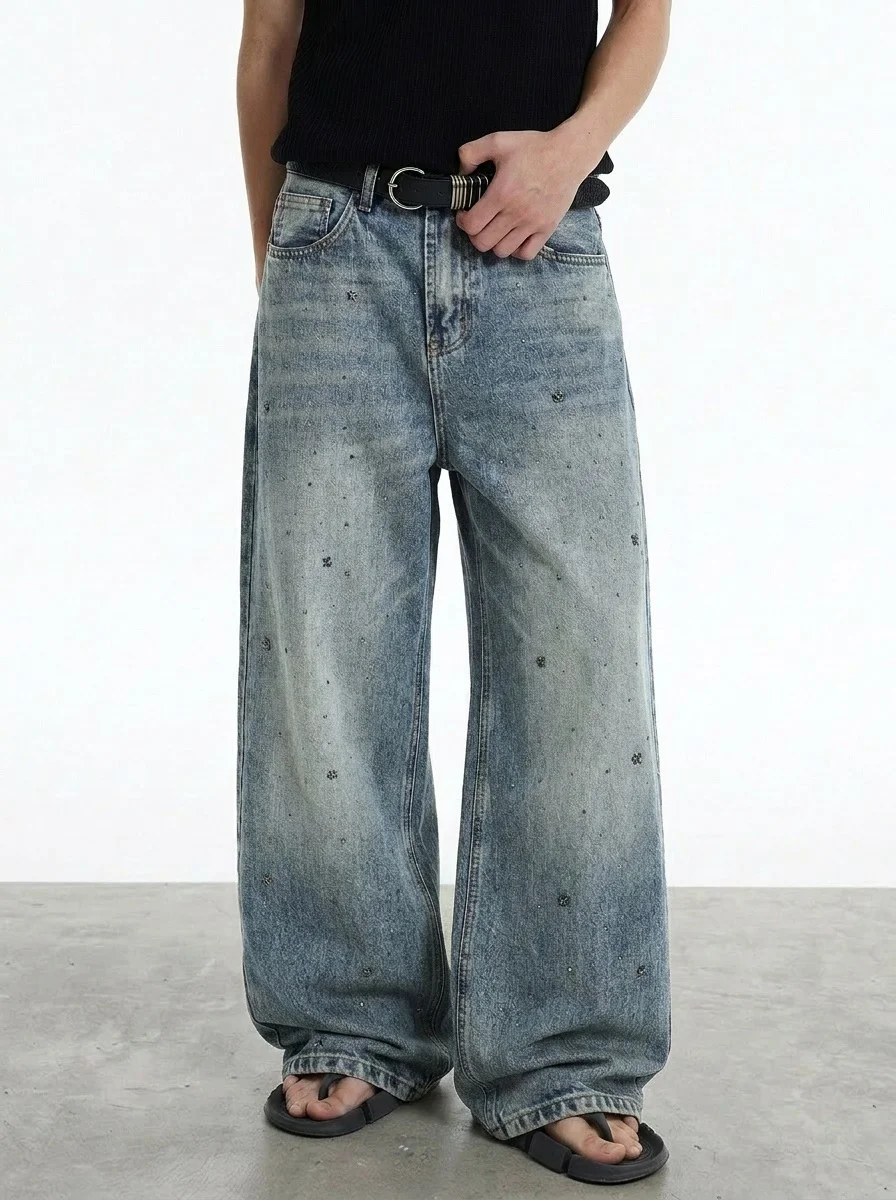 Jeans Americanos Retro 98SQUID com Strass, Calças Longas Casuais Unissex em Denim de Algodão