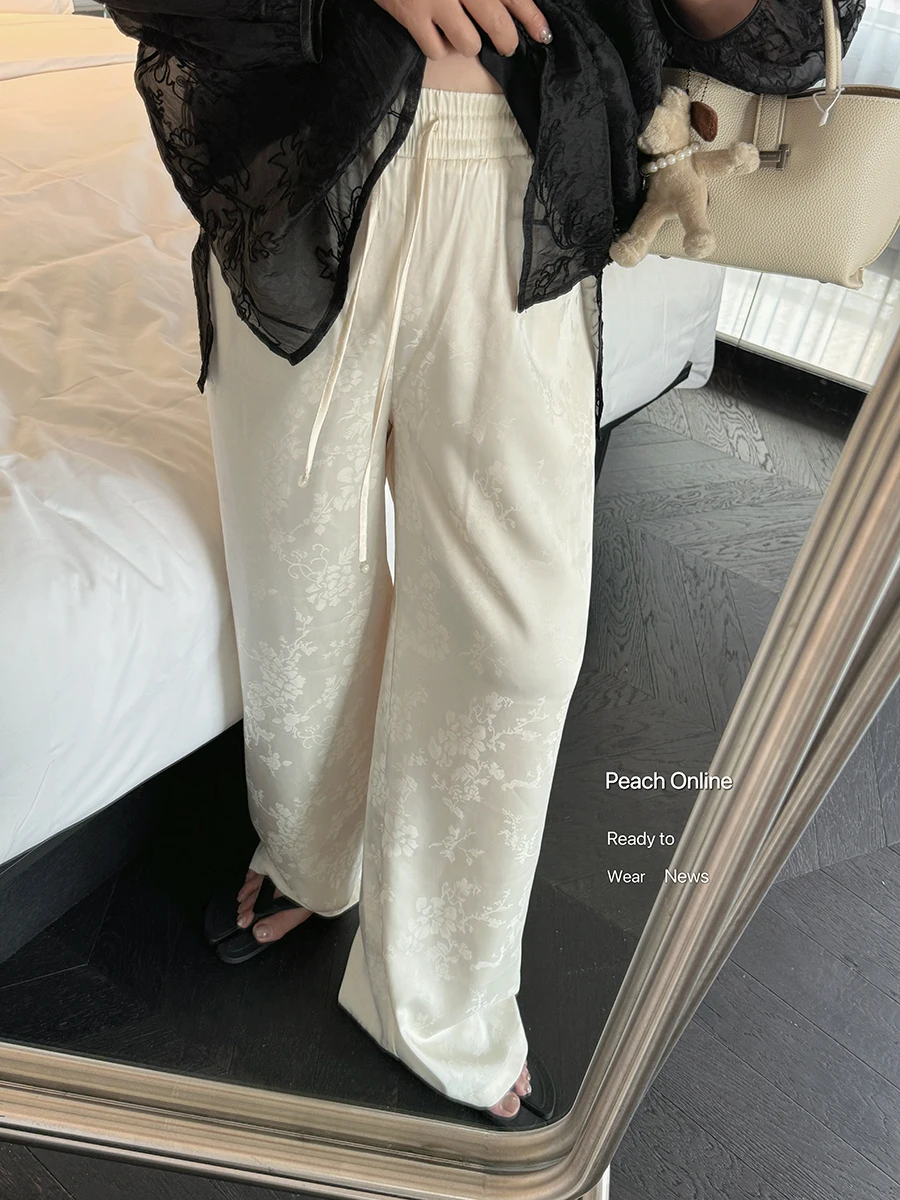 

plus Size Women's Casual Straight Leg Pants Embroidered Satin Wide Leg Long Trousers for plus Size Women Summer Commute Sle