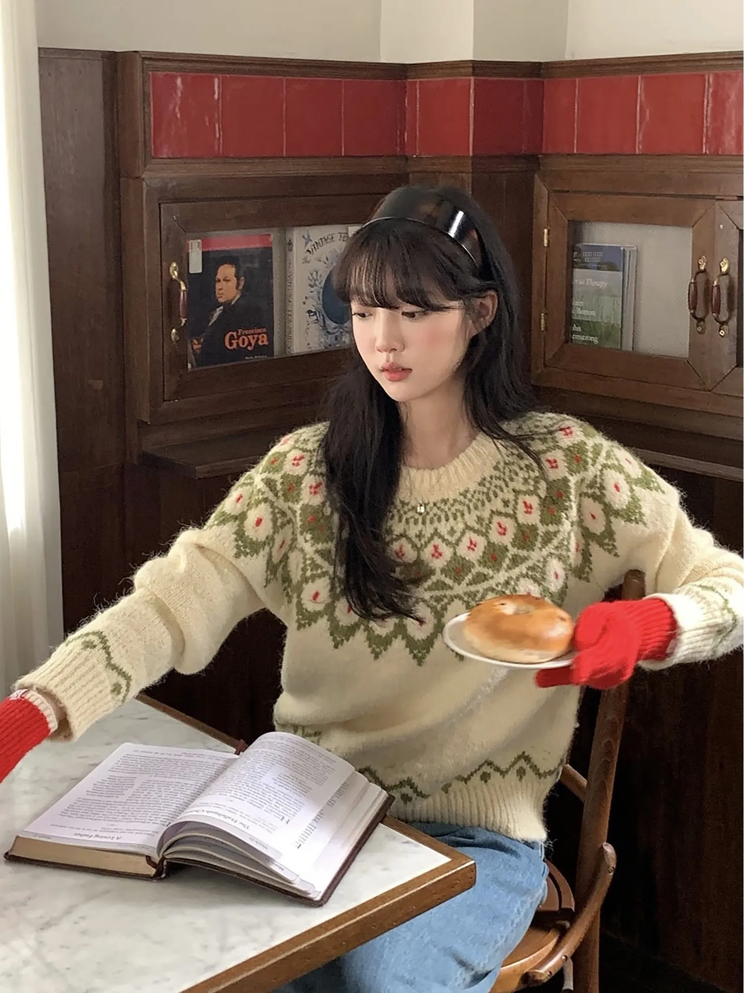 

Вязаный свитер с лесным узором Fair Isle, женский зимний универсальный винтажный вязаный топ с круглым вырезом, теплый, с цветочным узором, в корейском стиле